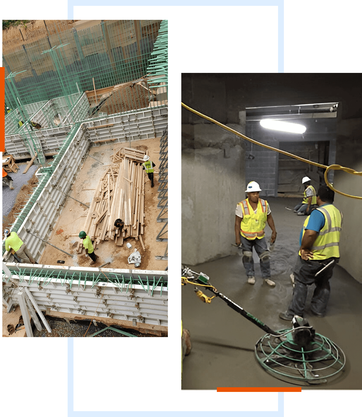 Construction workers building and finishing structures.